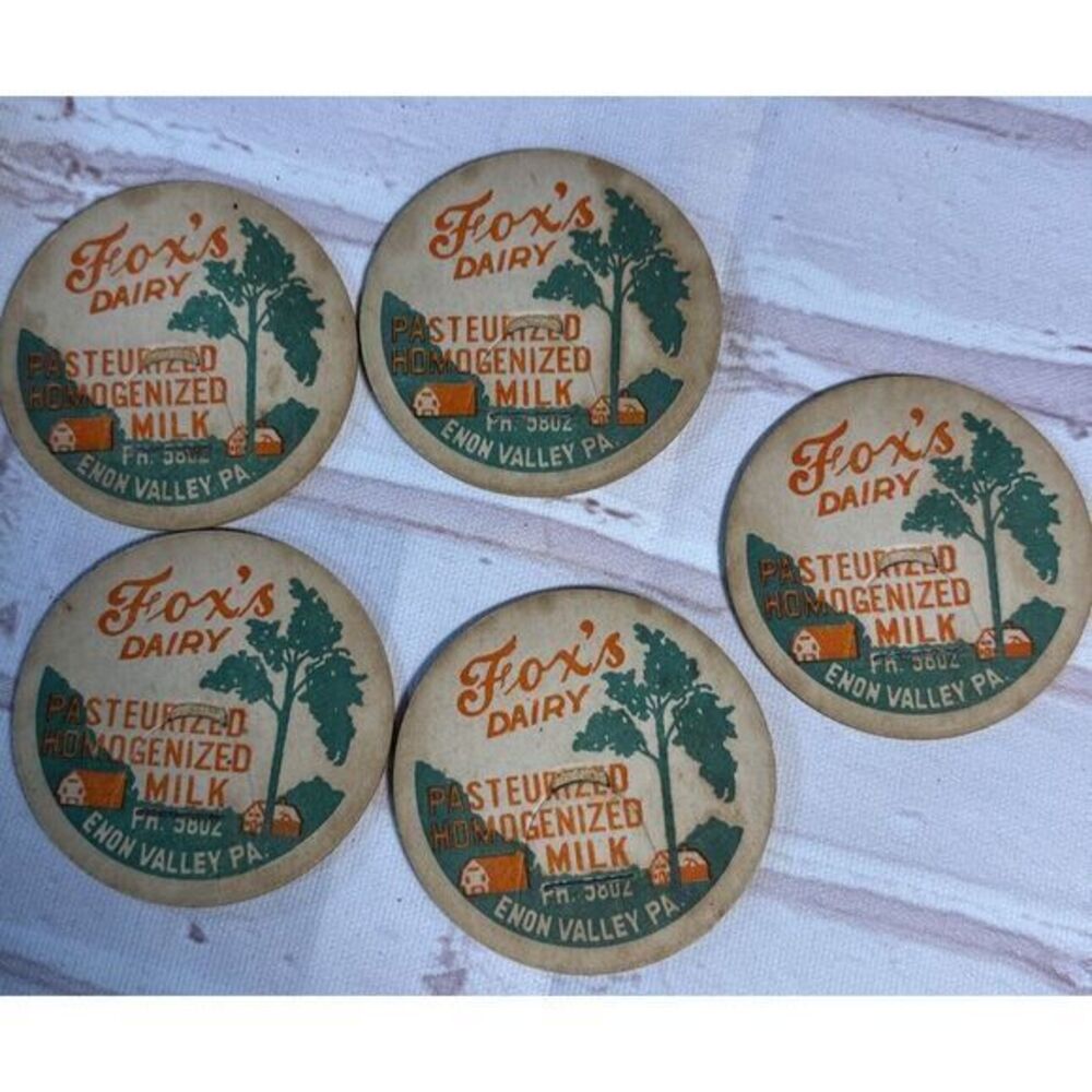 Antique Milk Bottle Caps Fox's Dairy (5)‎ Enon, PA  Pasteurized Homogenized
